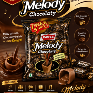 Parle Melody Chocolaty Candy Family Pack, rich chocolate-filled chewy candies with 5 free units inside, 195.5g value pack.