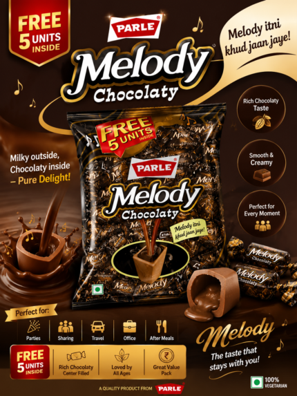 Parle Melody Chocolaty Candy Family Pack, rich chocolate-filled chewy candies with 5 free units inside, 195.5g value pack.