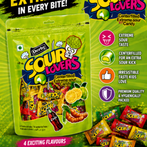Derby Sour Lovers Center Filled Extreme Sour Candy Assorted Flavours Pouch – tangy hard candies with a sour outer layer and delicious liquid-filled center.