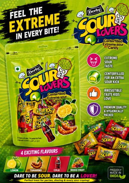 Derby Sour Lovers Center Filled Extreme Sour Candy Assorted Flavours Pouch – tangy hard candies with a sour outer layer and delicious liquid-filled center.