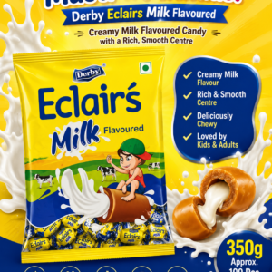 Derby Eclairs Milk Flavoured Candy Wholesale Pack, 350g pack with approximately 100 individually wrapped milk-flavoured chewy candies.