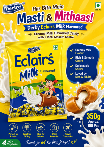 Derby Eclairs Milk Flavoured Candy Wholesale Pack, 350g pack with approximately 100 individually wrapped milk-flavoured chewy candies.