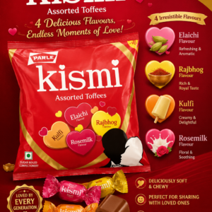 Parle Kismi Assorted Toffees family pack in a red pouch featuring four flavors—Elaichi, Rajbhog, Rosemilk, and Kulfi. The back of the pack shows product information, nutrition facts, barcode, batch details, and MRP.