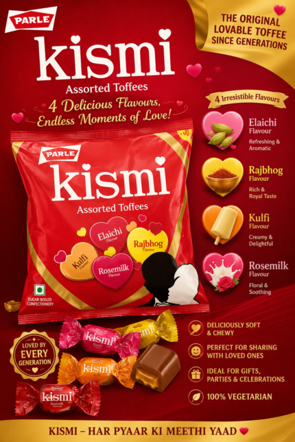 Parle Kismi Assorted Toffees family pack in a red pouch featuring four flavors—Elaichi, Rajbhog, Rosemilk, and Kulfi. The back of the pack shows product information, nutrition facts, barcode, batch details, and MRP.