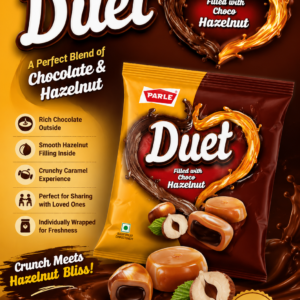 Parle Duet Filled with Choco Hazelnut Candy 198g pack featuring delicious caramel candies with a creamy chocolate hazelnut filling, individually wrapped for freshness.