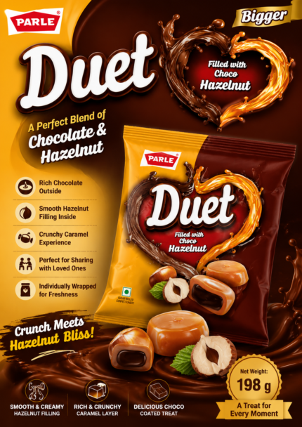 Parle Duet Filled with Choco Hazelnut Candy 198g pack featuring delicious caramel candies with a creamy chocolate hazelnut filling, individually wrapped for freshness.