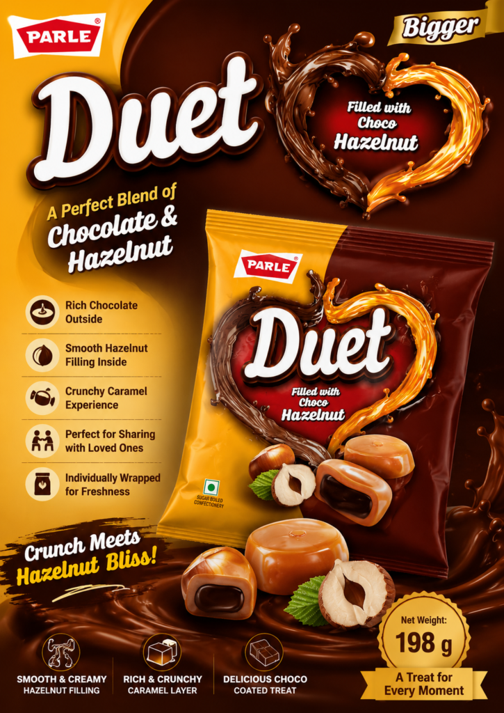 Parle Duet Filled with Choco Hazelnut Candy 198g pack featuring delicious caramel candies with a creamy chocolate hazelnut filling, individually wrapped for freshness.
