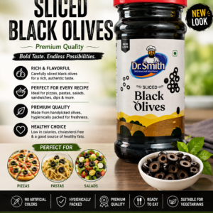 Dr. Smith Sliced Black Olives in a 335g glass jar with a red lid. Premium sliced black olives packed in brine, ideal for pizzas, pasta, salads, sandwiches, and Mediterranean recipes.