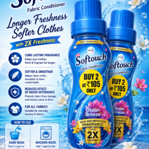 Softouch Fabric Conditioner Ocean Breeze 200ml – Buy 2 at ₹105 Only, fabric softener with 2X freshness and long-lasting fragrance for soft, fresh clothes.