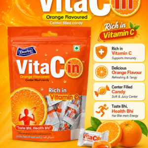 Derby VitaCin Orange Flavoured Center Filled Candy, Rich in Vitamin C, 175g resealable pouch with individually wrapped orange candies.