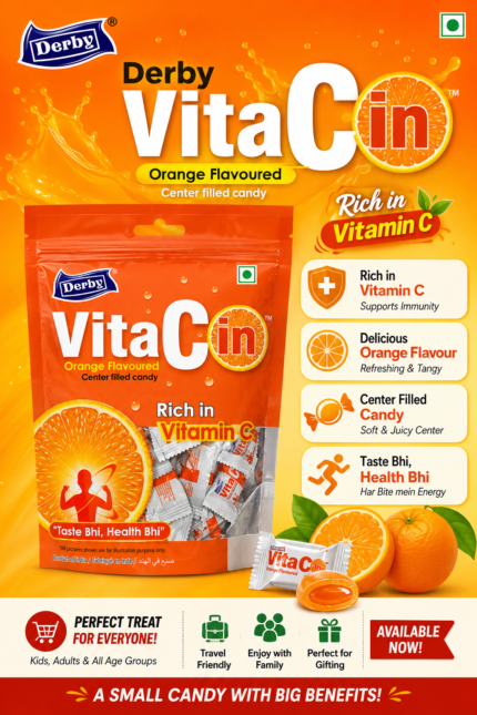 Derby VitaCin Orange Flavoured Center Filled Candy, Rich in Vitamin C, 175g resealable pouch with individually wrapped orange candies.