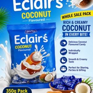 Derby Eclairs Coconut Flavoured Candy Wholesale Pack, 350g pack with approximately 100 individually wrapped coconut-flavoured chewy candies.