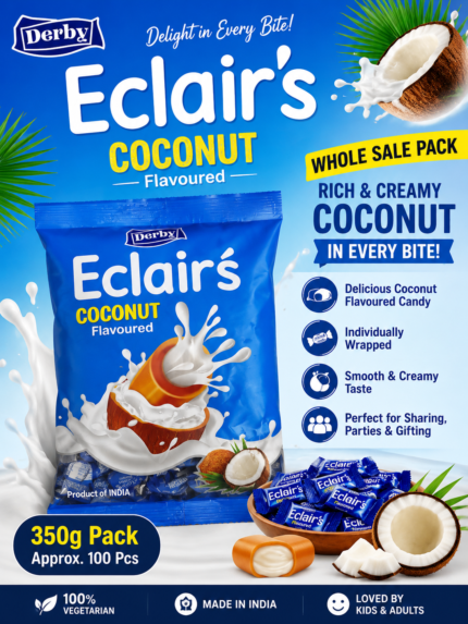 Derby Eclairs Coconut Flavoured Candy Wholesale Pack, 350g pack with approximately 100 individually wrapped coconut-flavoured chewy candies.