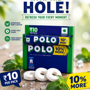 POLO The Mint with the Hole Mint Lozenges Roll, 10% More pack, refreshing mint candy in ₹10 retail pack.