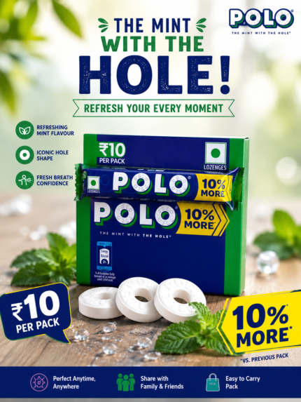 POLO The Mint with the Hole Mint Lozenges Roll, 10% More pack, refreshing mint candy in ₹10 retail pack.