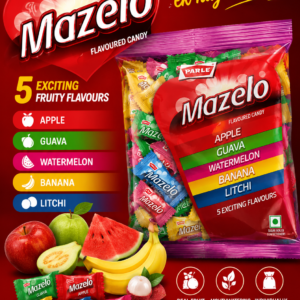 Parle Mazelo Assorted Flavoured Candy 198g pack featuring five delicious fruit flavours – Apple, Guava, Watermelon, Banana, and Litchi in individually wrapped candies.