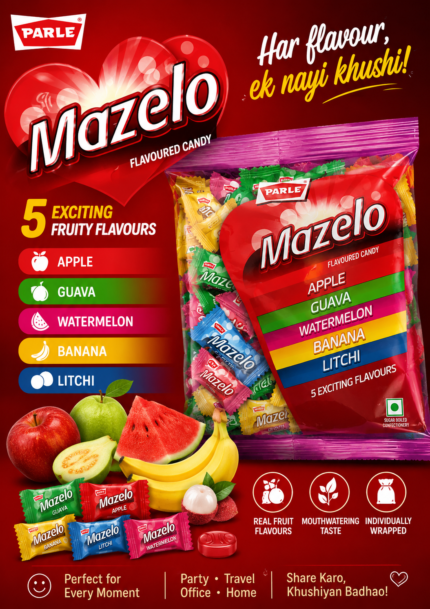 Parle Mazelo Assorted Flavoured Candy 198g pack featuring five delicious fruit flavours – Apple, Guava, Watermelon, Banana, and Litchi in individually wrapped candies.