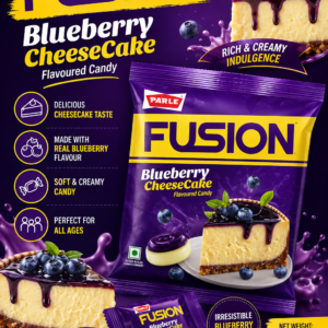 Parle Fusion Blueberry Cheesecake Flavoured Candy 198g pack featuring creamy blueberry cheesecake-inspired candies in individually wrapped pieces.