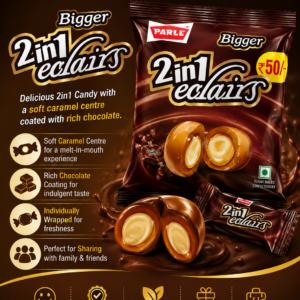 Parle Bigger 2 in 1 Eclairs Candy 198g pack featuring delicious chocolate-coated candies with a creamy centre, individually wrapped for freshness.