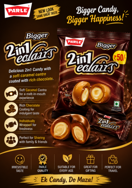 Parle Bigger 2 in 1 Eclairs Candy 198g pack featuring delicious chocolate-coated candies with a creamy centre, individually wrapped for freshness.