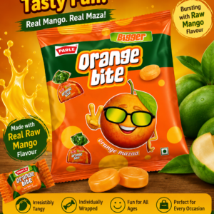Parle Bigger Orange Bite Orange Flavoured Candy 195g pack featuring tangy orange-flavoured individually wrapped candies in vibrant orange packaging.