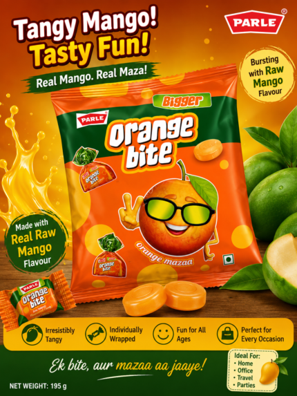 Parle Bigger Orange Bite Orange Flavoured Candy 195g pack featuring tangy orange-flavoured individually wrapped candies in vibrant orange packaging.