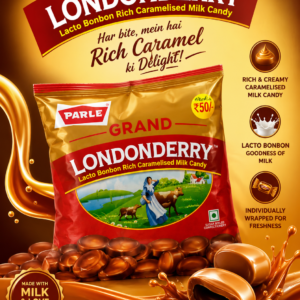 Parle Grand Londonderry Lacto Bonbon Rich Caramelised Milk Candy 198g pack featuring smooth caramelised milk-flavoured candies, individually wrapped for lasting freshness.