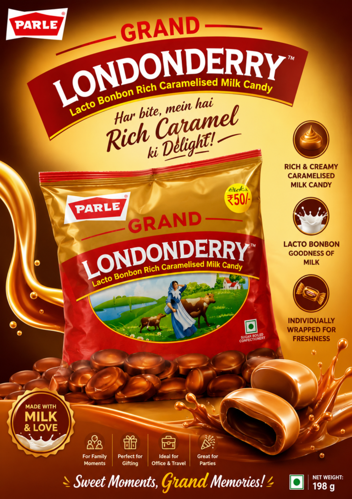 Parle Grand Londonderry Lacto Bonbon Rich Caramelised Milk Candy 198g pack featuring smooth caramelised milk-flavoured candies, individually wrapped for lasting freshness.