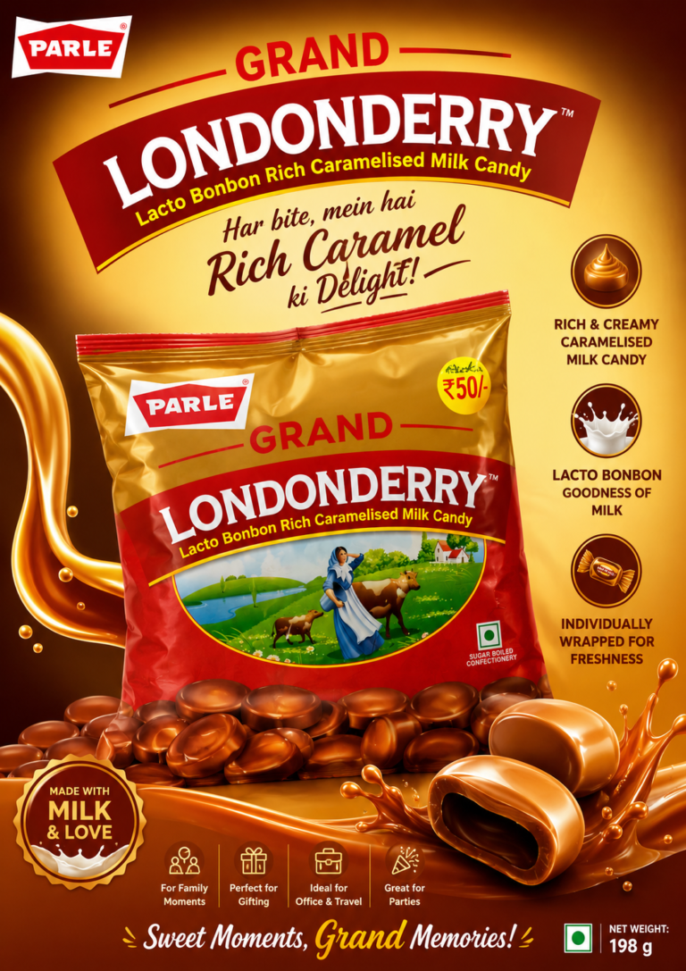 Parle Grand Londonderry Lacto Bonbon Rich Caramelised Milk Candy 198g pack featuring smooth caramelised milk-flavoured candies, individually wrapped for lasting freshness.