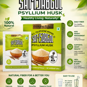 Sat-Isabgol Psyllium Husk 5g sachet (front and back) displayed with the retail box, showing product packaging, nutritional information, and usage instructions.