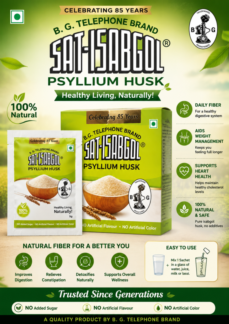 Sat-Isabgol Psyllium Husk 5g sachet (front and back) displayed with the retail box, showing product packaging, nutritional information, and usage instructions.