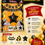 Black and gold Happy Birthday decoration kit featuring a "Happy Birthday" banner, metallic balloons, a black foil star balloon, and two gold foil curtains. Ideal for birthday party decoration.