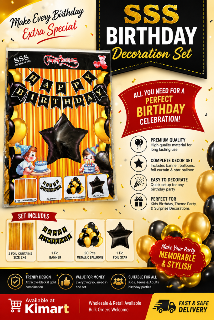 Black and gold Happy Birthday decoration kit featuring a "Happy Birthday" banner, metallic balloons, a black foil star balloon, and two gold foil curtains. Ideal for birthday party decoration.
