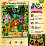 Jungle Theme Happy Birthday Decoration Kit with a Happy Birthday banner, green foil curtains, metallic balloons, jungle animal cutouts, and double-sided tape for birthday party decorations.