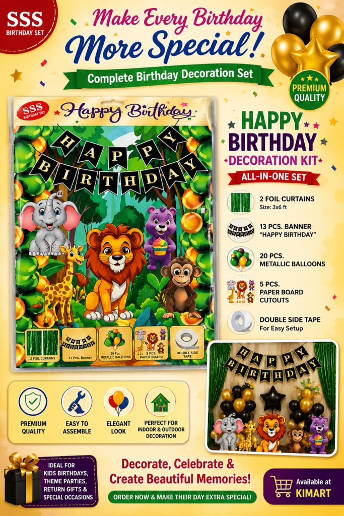 Jungle Theme Happy Birthday Decoration Kit with a Happy Birthday banner, green foil curtains, metallic balloons, jungle animal cutouts, and double-sided tape for birthday party decorations.