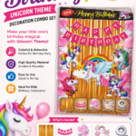 Unicorn Theme Happy Birthday Decoration Kit featuring a Happy Birthday banner, unicorn cutouts, pink metallic balloons, gold foil curtains, and double-sided tape for birthday party decorations.