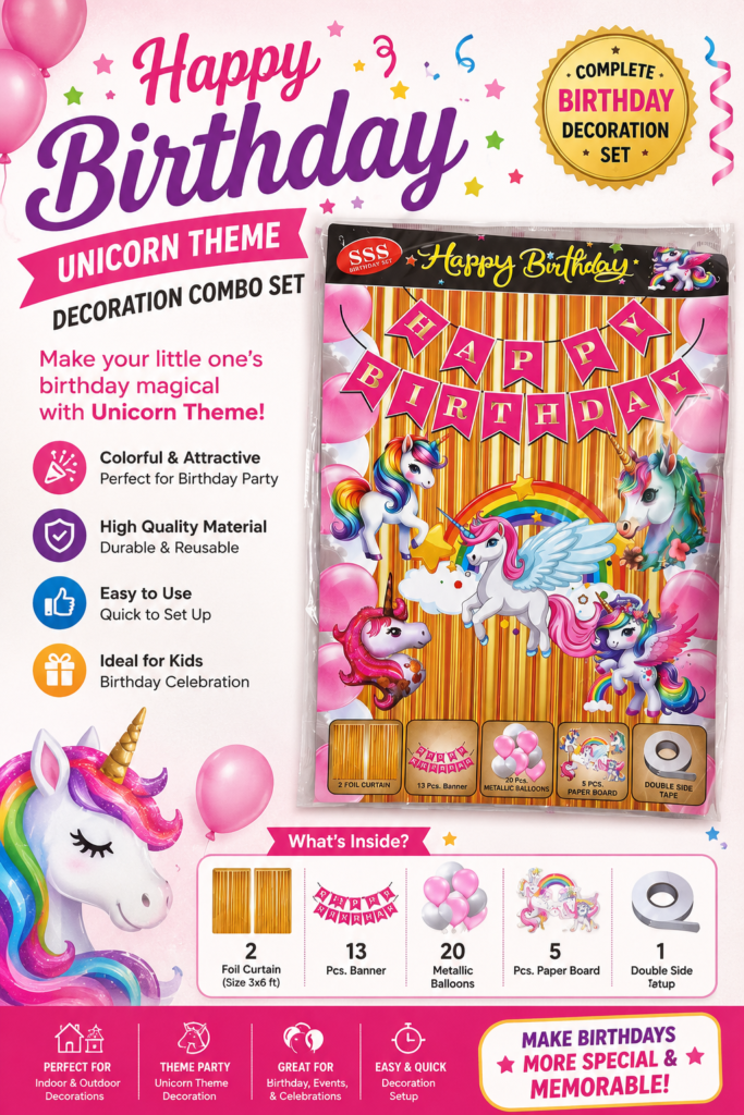 Unicorn Theme Happy Birthday Decoration Kit featuring a Happy Birthday banner, unicorn cutouts, pink metallic balloons, gold foil curtains, and double-sided tape for birthday party decorations.