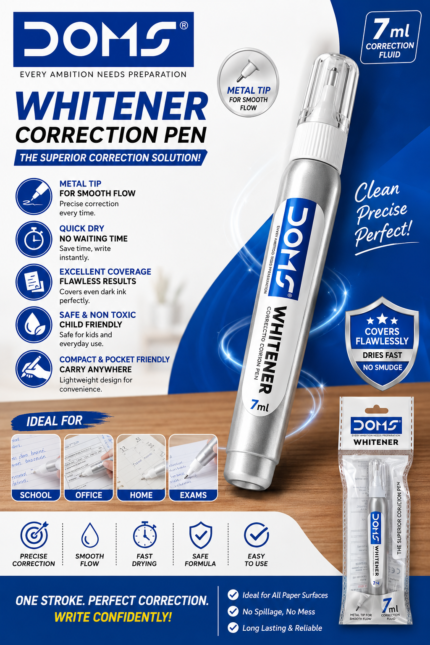 DOMS Whitener Correction Pen 7ml – Metal Tip, Quick Dry Correction Fluid