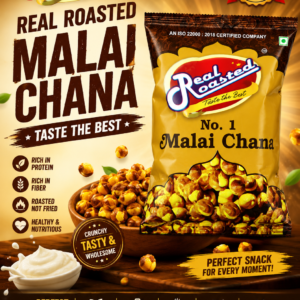 Real Roasted No. 1 Malai Chana premium roasted chana snack in glossy golden packaging, rich in protein and fiber, healthy roasted snack promotional poster.