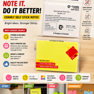 Cramly Self Stick Sticky Note Pad (3" × 4") in neon yellow color with strong adhesive for writing reminders, notes, and to-do lists. Ideal for school, office, and home use.