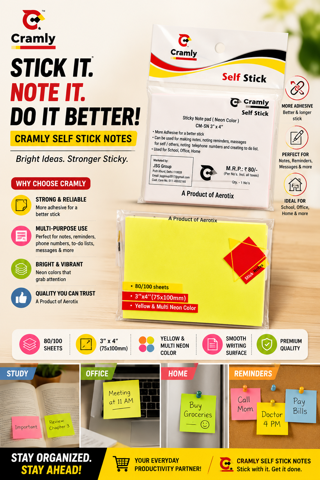 Cramly Self Stick Sticky Note Pad (3" × 4") in neon yellow color with strong adhesive for writing reminders, notes, and to-do lists. Ideal for school, office, and home use.