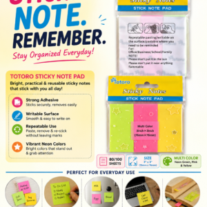 otoro Sticky Notes Stick Note Pad (3×3 Inch) in vibrant multi-color sheets with strong adhesive. Perfect for reminders, notes, study, office work, and daily organization at home, school, or the workplace.