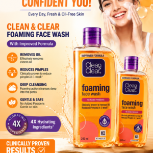 Clean & Clear Foaming Face Wash (240 ml) bottle with improved formula, no added parabens, and 4X hydrating ingredients, displayed on a countertop. Suitable for oily and acne-prone skin, helping remove excess oil and reduce pimples.