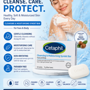 Cetaphil Cleansing & Moisturising Syndet Bar (75g) for face and body with shea butter. Soap-free, paraben-free, allergen-free, pH 5.6 balanced cleansing bar for sensitive skin that gently cleanses and moisturizes.
