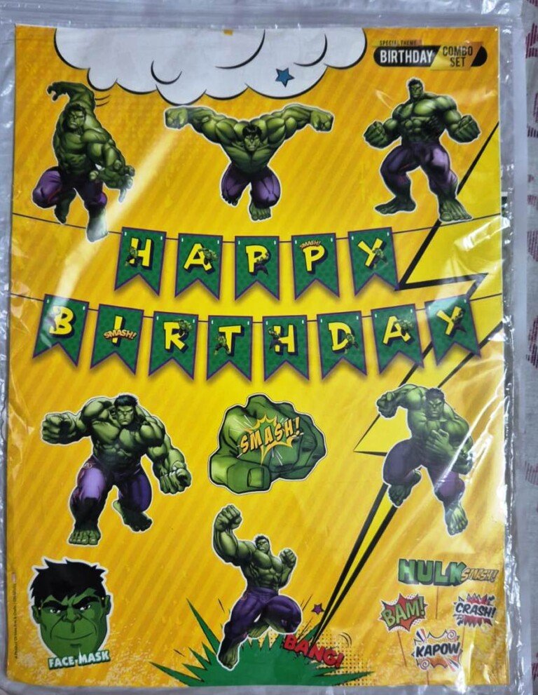 Superhero-themed Happy Birthday decoration combo set featuring a Happy Birthday banner, character cutouts, face mask, and party decorations in bright yellow packaging.