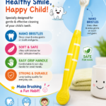Lotus Flex Kids Toothbrush with soft nano bristles in a yellow handle, shown individually and in an eco-pack containing 8 colorful toothbrushes for children.