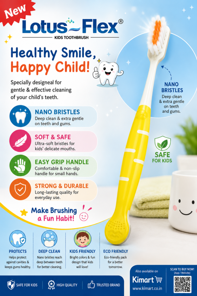 Lotus Flex Kids Toothbrush with soft nano bristles in a yellow handle, shown individually and in an eco-pack containing 8 colorful toothbrushes for children.