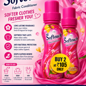 Softouch Fabric Conditioner Garden Bouquet 200ml – Buy 2 at ₹105 Only, long-lasting fragrance fabric softener for soft and fresh clothes.