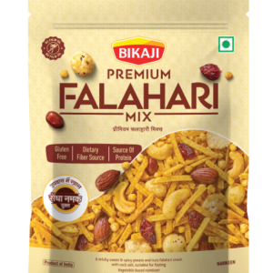 Bikaji Premium Falahari Mix 200g namkeen pouch pack with gluten-free ingredients, suitable for fasting, featuring almonds, cashews, raisins, peanuts, potato sticks, and nutrition information on the back.