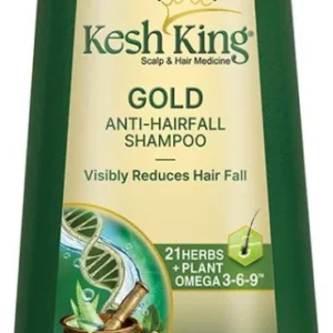 Kesh King Gold Anti-Hairfall Shampoo bottle with Ayurvedic herbs, aloe vera, amla, bhringraj, jatamansi, before-and-after hair results, and hair care certification highlights.